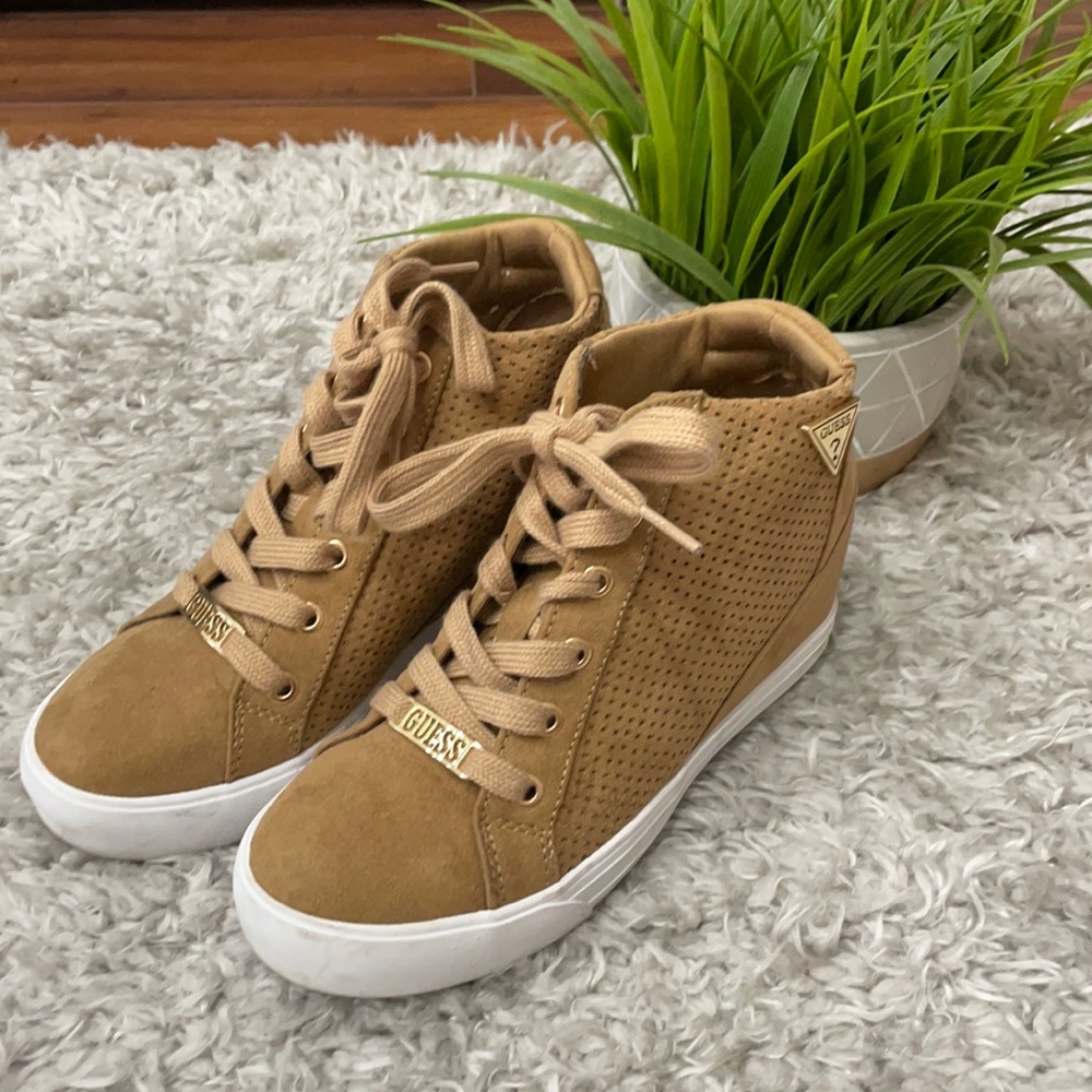 Tan Guess wedge sneakers
